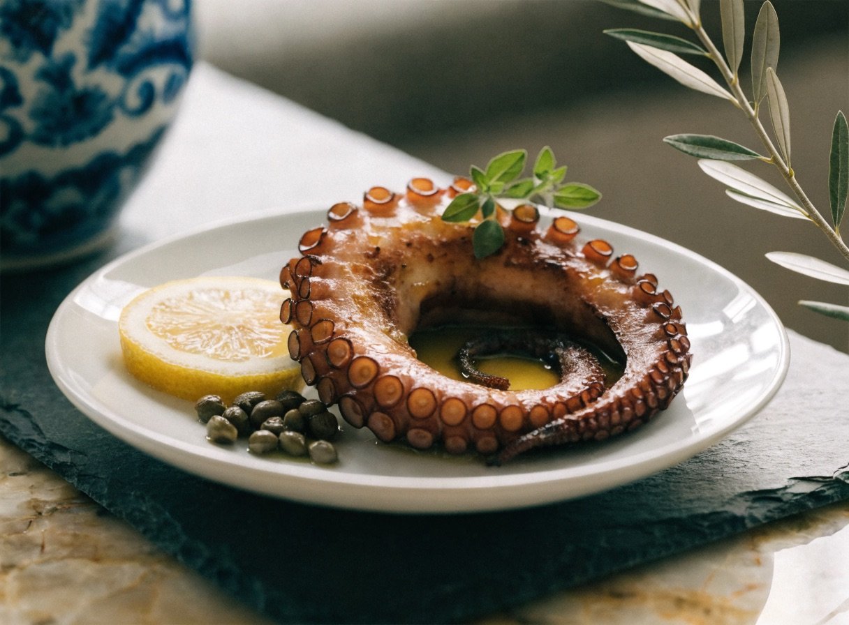 Gegrillter Oktopus mit Olivenöl und Zitrone